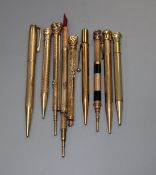 A group of assorted propelling and telescopic pencils and pens; Rolled gold pencil9ct overlaid