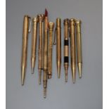 A group of assorted propelling and telescopic pencils and pens; Rolled gold pencil9ct overlaid