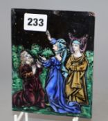 A Limoges enamelled plaque, depicting a gentleman and two ladies admiring a shooting star, 15 x