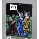 A Limoges enamelled plaque, depicting a gentleman and two ladies admiring a shooting star, 15 x