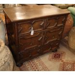 A 17th century oak two part chest, W.95cm D.54cm H.86cm Condition report: The top is scratched and