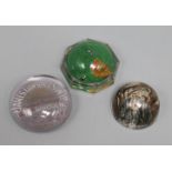 Three Victorian reverse intaglio moulded glass paperweights; parrot, dog's head and James Dawson &