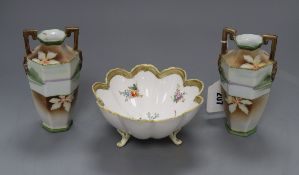 A pair of Noritake vases, height 14.5cm and a similar footed dishCONDITION: Both vases have had