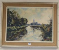 Ernest Knight (1915-1995), oil on canvas, Salisbury Cathedral from the river, signed, 40 x