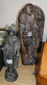 Two Indian wood carvings and a bronze figure of Buddha