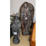 Two Indian wood carvings and a bronze figure of Buddha