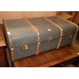 A vintage wooden bound steamer trunk, 90 x 50 x 30cm