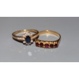 A modern 18ct gold, sapphire and diamond cluster ring and an 18ct and five stone ring, sizes Q/R &