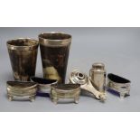 A set of four Edwardian silver salts, London, 1904, two silver mounted horn beakers (both a.f.) a