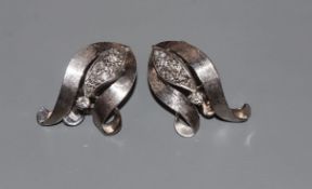 A modern pair of 18ct white metal and diamond set earclips, 29mm, gross 11.2 grams.CONDITION: