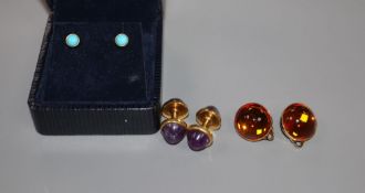 A pair of 18ct and amethyst studs?, a pair of 9ct and turquoise ear studs and a pair of Lalique gilt