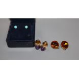 A pair of 18ct and amethyst studs?, a pair of 9ct and turquoise ear studs and a pair of Lalique gilt