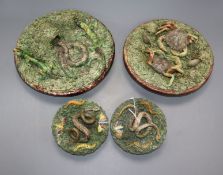 Two Mafra Caldas Palissy ware dishes and a pair of similar miniature dishes, late 19th century,