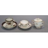 A Chelsea Derby tea bowl and saucer, a similar fluted cup an cover, c.1780, and a Worcester style