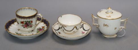 A Chelsea Derby tea bowl and saucer, a similar fluted cup an cover, c.1780, and a Worcester style