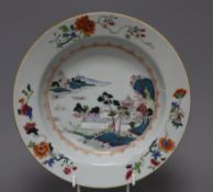 A Chinese export famille rose 'landscape' soup plate, Qianlong period, diameter 23cmCONDITION: The