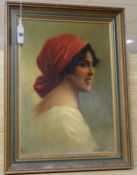 Italian School c.1900, oil on canvas board, Portrait of a young woman, indistinctly signed, 38 x