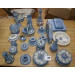 A collection of Wedgwood Jasperware decorative items, including a mantel clock, various boxes and