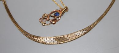 A 9ct three-colour gold bracelet and a 9ct two-colour gold and sapphire pendant, gross 14.2 grams.