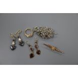 A modern 14k and two row diamond set dress ring, two pairs of costume earrings and a marcasite
