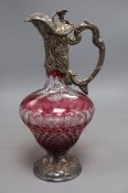 A modern silver mounted ruby flash cut glass claret jug, Da-mar Silverware, London, 1976, 32cm.