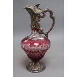 A modern silver mounted ruby flash cut glass claret jug, Da-mar Silverware, London, 1976, 32cm.