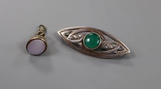 A Victorian engraved gold plated and sardonyx set fob seal, 23mm and an Art Nouveau style 925 and