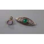 A Victorian engraved gold plated and sardonyx set fob seal, 23mm and an Art Nouveau style 925 and