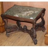 A carved oak marble top occasional table, on swan and dolphin supports, W.66cm D.48cm H.50cm