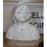 A marble bust of a lady wearing a bonnet, height excluding stand 38cm