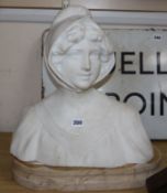 A marble bust of a lady wearing a bonnet, height excluding stand 38cm