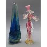A Murano glass lady and a piece of Bristol blue abstract glassware, height 32cm