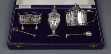 A cased modern Georgian style silver three piece condiment set and two spoons, Da-mar Silverware,