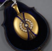 A Victorian yellow metal, rose cut diamond, enamel and split pearl set oval locket, 43mm excluding