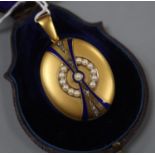 A Victorian yellow metal, rose cut diamond, enamel and split pearl set oval locket, 43mm excluding