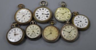 Eight assorted base metal pocket watches.