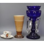 A large 19th century blue glass table lustre, a Shelley vase and a Queen Victoria Golden Jubilee cup