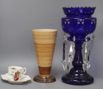 A large 19th century blue glass table lustre, a Shelley vase and a Queen Victoria Golden Jubilee cup
