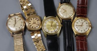 Five assorted gentleman's steel and gold plated wrist watches, including Therno and Excalibur.