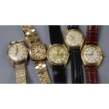 Five assorted gentleman's steel and gold plated wrist watches, including Therno and Excalibur.