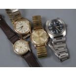 Four assorted gentleman's steel/ gold plated wrist watches, including Avia and Rotary.