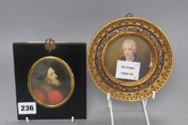 Two 19th century portrait miniatures on ivory, 14 and 14.5cm including frames