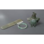 A Chinese pale celadon jade plaque, a jadeite censer and a bangle, largest 12.5cm