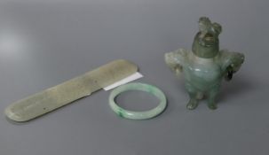 A Chinese pale celadon jade plaque, a jadeite censer and a bangle, largest 12.5cm