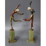 Two Art Deco cold painted bronze and ivory figures of dancers by Lorenzl, tallest 24.5cm total