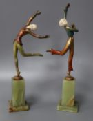 Two Art Deco cold painted bronze and ivory figures of dancers by Lorenzl, tallest 24.5cm total