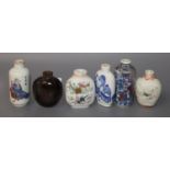 Five 19th century Chinese porcelain snuff bottles and a smoky quartz snuff bottle