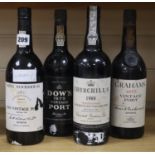 Four bottles of Port: Grahams 1975, Churchills 1988, Smith Woodhouse 1983 and Dows 1975