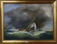 *Abbott, oil on canvas, Naval vessel running before a storm, signed, 60 x 80cmCONDITION: Perhaps a