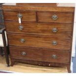 A Regency mahogany chest of drawers, W.111cm, D.45cm, H.107cmCONDITION: Loss of veneer to top to